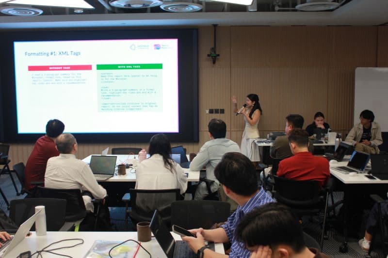 A live workshop with an XML prompting slide at MDDI TechUp.